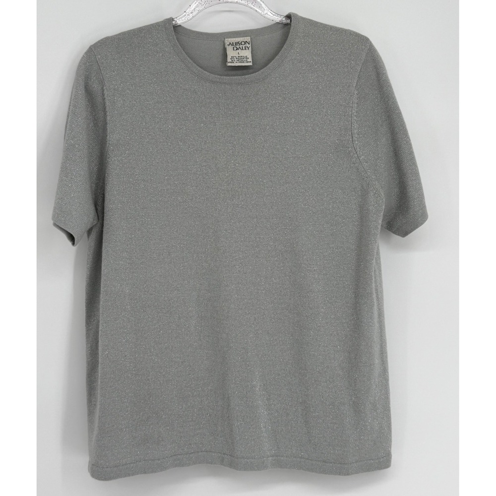 Allison Daley Silver Metallic Knit Short Sleeve Sweater Crew Neck Sparkle Sz L